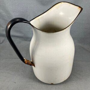 Antique Enamel Jug 8" Pitcher Handle Metal Enamelware Distressed Chip/Rust/Hole